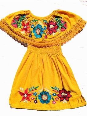Traditional Peasant Campesino Mexican Dress 2t Yellow Vibrant Vintage Fiesta